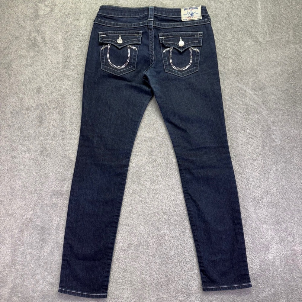 True Religion Womens Skinny Jeans Rhinestone‎ Back Pockets Dark Wash Size 29 - Picture 2 of 11